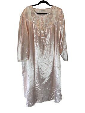 Miss Elaine Long Pink Satin Nightgown Lace Yoke & Button Front XXL